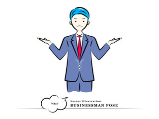 両手を広げて「なぜ！」と疑問に思うビジネスマン(困る,悩む,不思議に思う)｜ビジネスポーズ