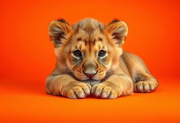 A fluffy lion cub rests on a vibrant orange background, paws tucked in,  stock photo,  small