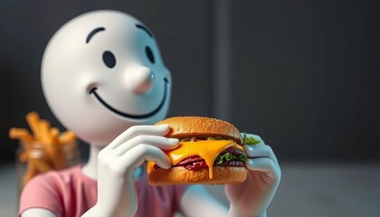 A smiling figure happily enjoys a cheesy sandwich,   high resolution,   summer