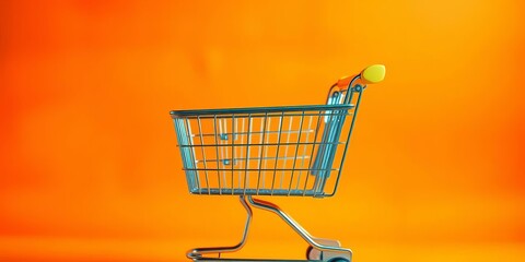 A vibrant orange background features a full shopping cart, ready for checkout,  app,  vibrant