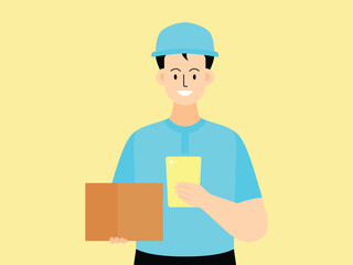 flat vector illustration design of a courier looking at package documents when delivering a package