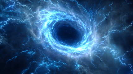 A swirling vortex of blue lightning and clouds, creating a cosmic energy portal in space