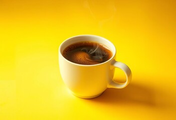 A steaming cup of coffee sits on a vibrant yellow background, beverage, mug