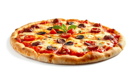 A steaming hot pizza with melted cheese and toppings, isolated on white,  toppings,  celebration