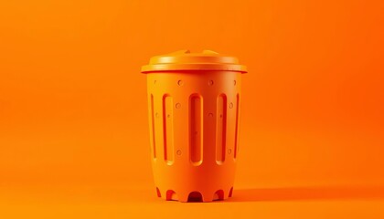 A vibrant orange trash can stands alone against a matching orange backdrop, environment, waste disposal