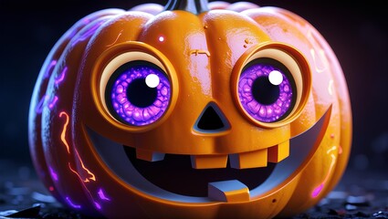 Cute Neon Jack-o’-Lantern Pumpkin — Bright Halloween Cartoon Illustration