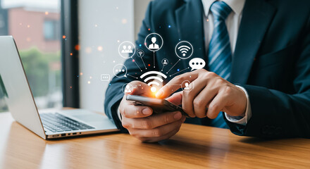 Navigating a connected world Businessman using phone for seamless communication and networking with
