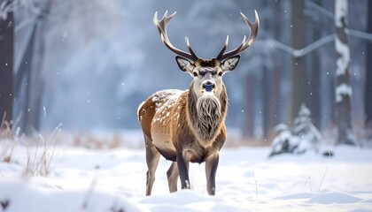 Obraz premium Majestic stag stands amidst a snowy winter forest, showcasing magnificent antlers and a serene winter scene.