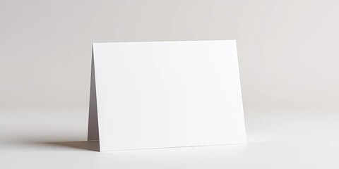A crisp, white folded card stands upright on a neutral background,  standing,   object