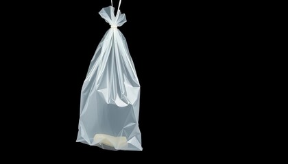 A translucent white plastic bag drifts against a stark black backdrop,  studio,  waste