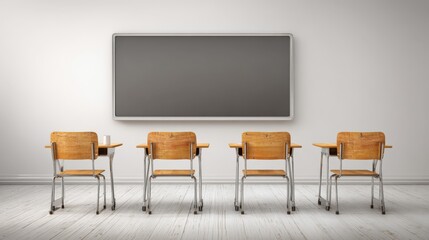 Classroom Interior with Empty Desks and Blackboard, Ideal for Educational or Training Concepts