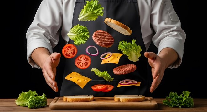 Chef's Hands Juggling Burger Ingredients A Culinary Masterpiece