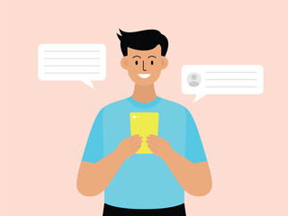 vector flat design illustration of a man communicating online via smartphone