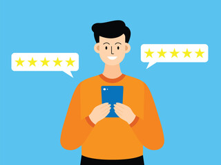 vector flat design illustration of a man giving a five star rating