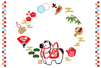 レトロな手描きイラストの年賀状素材：和風、背景、年賀状テンプレート、干支、新年のお祝い、午年