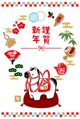 レトロな手描きイラストの年賀状素材：和風、背景、年賀状テンプレート、干支、新年のお祝い、午年