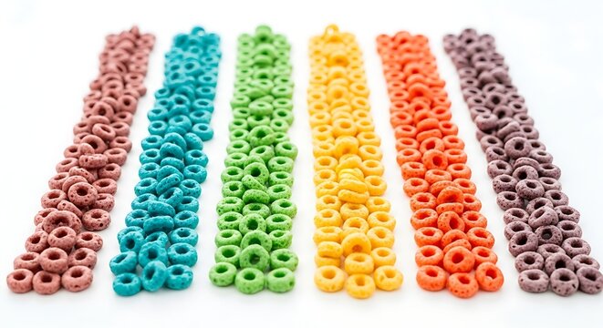 Colorful breakfast cereal loops arranged in rainbow colored lines on a white background.