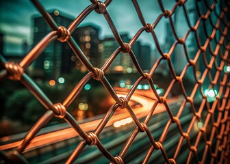 Fototapeta premium Urban Infrastructure Focus on Chain Link Fence with City Lights and Highway in Background at Dusk