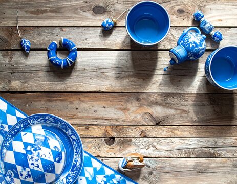 Top-down view of a rustic collection of traditional blue and white patterned ceramic tableware arranged on a weathered wooden background with copy space - Powered by Adobe