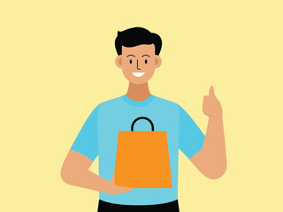 vector flat design illustration of a happy man shopping