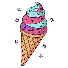 Rainbow Swirl Ice Cream Cone with Sprinkles Vector Illustration