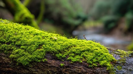 A moss-covered log in a forest with a river in the background.
