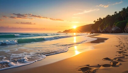 A tranquil beach scene at sunset, showcasing gentle waves lapping at the golden sand, with lush greenery and dramatic cliffs in the background.