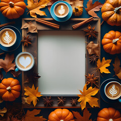 A cozy flat lay with a rustic frame of autumn leaves, pumpkins, and coffee with latte art on a dark background. Mockup with copy space in a middle perfect for Thanksgiving designs or cafe promotions.