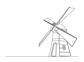 Windmill in single outline illustration. Continuous line art drawing of vintage windmill. Editable stroke.