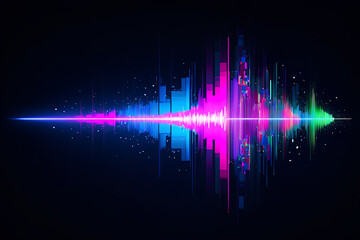 Abstract digital audio waveform visualization with vibrant neon colors against a dark background.
