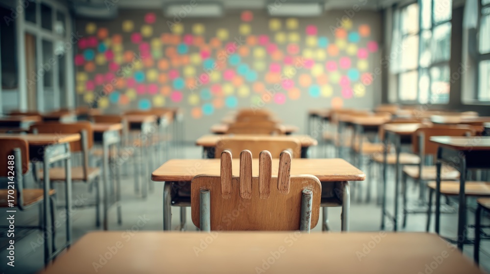 Poster empty classroom with desks and colorful sticky notes on the wall, ready for students learning