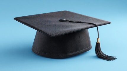 A black graduation cap with a tassel on a blue background.