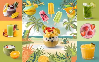 A fun and vibrant feed featuring fruit ice treats, smoothies, and chilled juices.