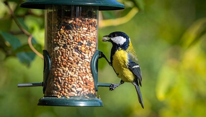 A great tit bird feeds from a garden bird feeder filled with various seeds.