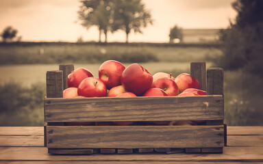 A vintage-style photo of a rustic wooden crate filled with ripe red apples.