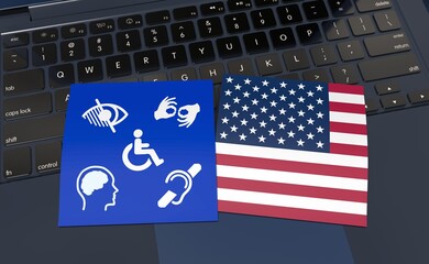 Digital Accessibility: A laptop keyboard serves as a modern backdrop for emblems of inclusivity, a call to a digital world open to all, especially for those with disabilities.