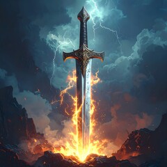 Epic sword embedded in fiery volcanic landscape, lightning