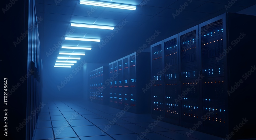 Aufkleber rows of glowing blue server racks in a dark, foggy data center with overhead fluorescent lights crea