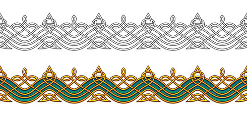 Celtic knot weave design. Luxury ornate  border decoration with golden waves. Seamless pattern. Color and black and white template. Print for fabric, embroidery, carpet, wallpaper. Hand drawn vector