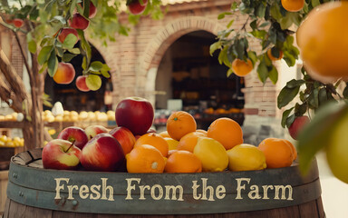 A photo of a rustic design with fruit photos in a natural setting.