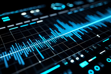 A close-up view of a digital interface displaying a blue waveform, representing data analysis.