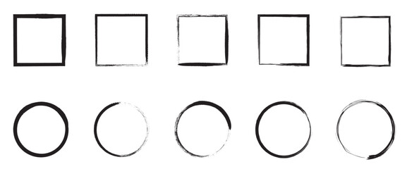 Grunge border frame set. Ink brush stroke collection. Grunge rectangle, circle  text border. Vector illustration. Black color thin frames borders collection .