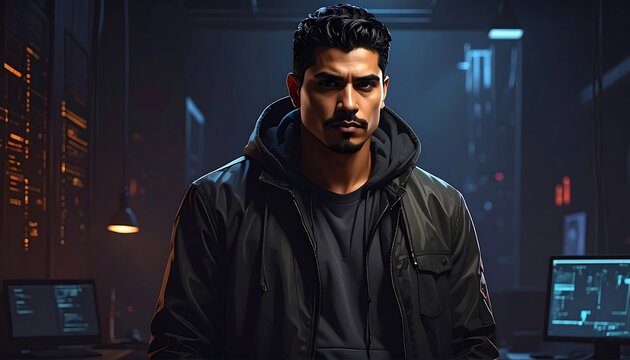 A focused man in dark clothing stands in a dimly lit server room, his expression serious and determined.