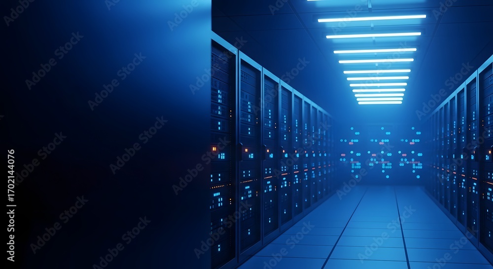 Aufkleber a dimly lit server room with rows of blinking computer racks illuminated by cool blue neon lights, c