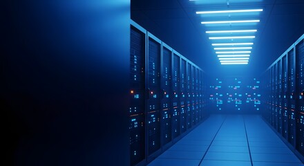 A dimly lit server room with rows of blinking computer racks illuminated by cool blue neon lights, creating a futuristic and technological atmosphere