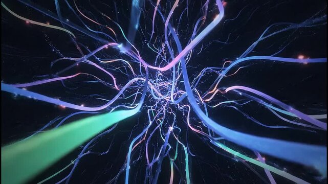 Dynamic Flight Through a Luminous Network of Intertwining Colorful Light Ribbons and Data Streams