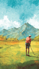 Hand-drawn ink and watercolor illustration of a man golfing with mountains and forests in the background, vintage art style.
