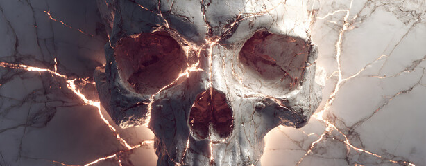 Skull motif carved into cracked marble with glowing cracks, cinematic backlighting with red diffusion, geometric centered framing