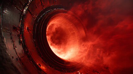 A dramatic close-up of a rocket's engine nozzle glowing red-hot with intense heat and light.
