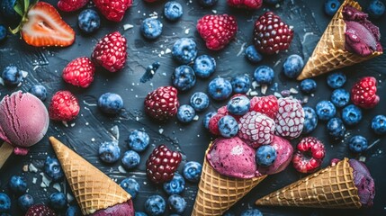 Colorful Berry Ice Cream Cones with Mixed Fresh Berries on Dark Surface